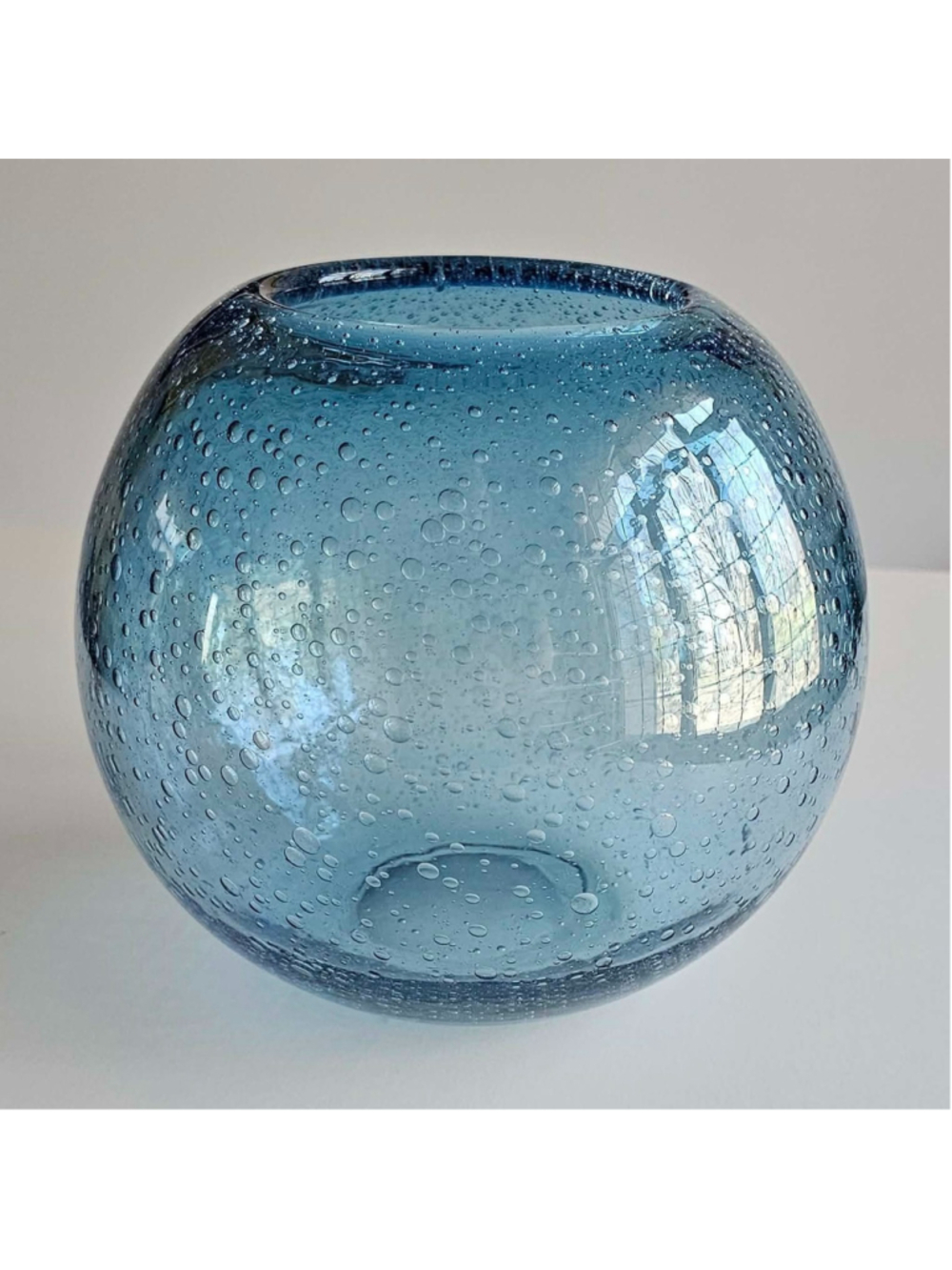 Vintage Blue Controlled Bubble Art Glass Rose Bowl Vase - 6.25" Hand Blown